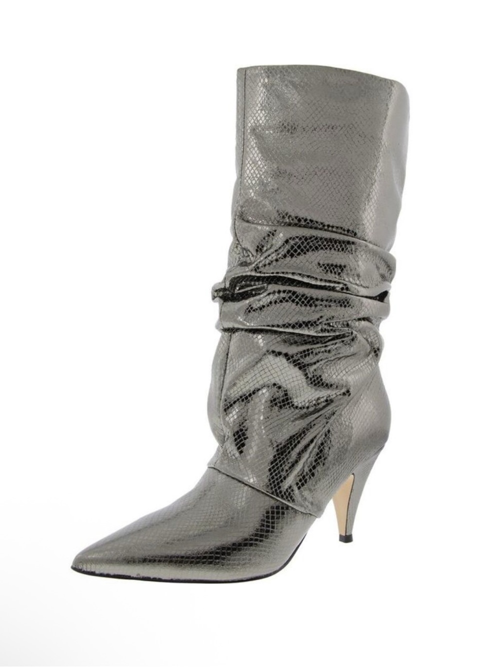 Marc Fisher Kailee Ruched Snakeskin Pointed Toe Stiletto Heel Boots In Pewter